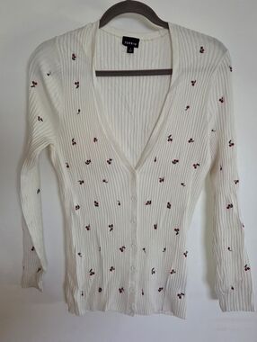 Torrid White Ribbed Button-Front Cardigan with Cherry Embroidery